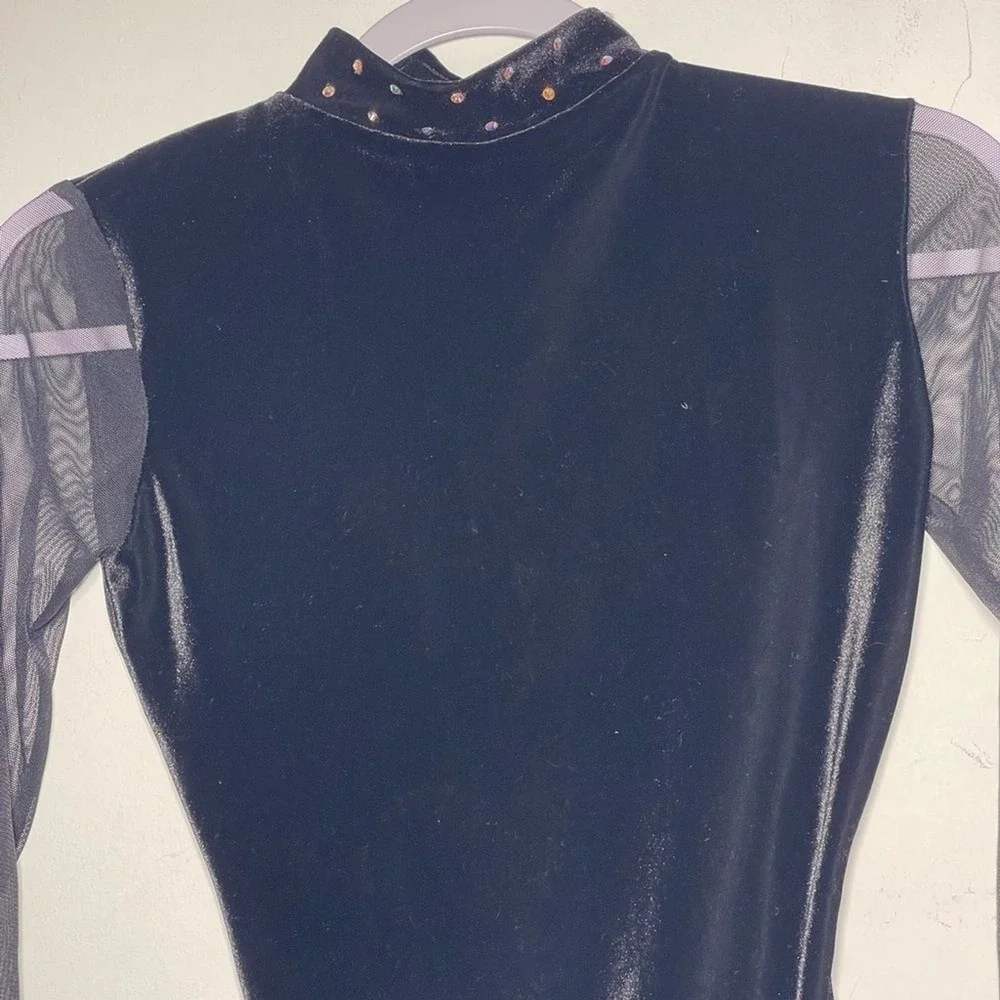 Carol Dupuis Jazz Skin Black Velvet Mesh Sleeve Rhinestone Leotard Bodysuit used